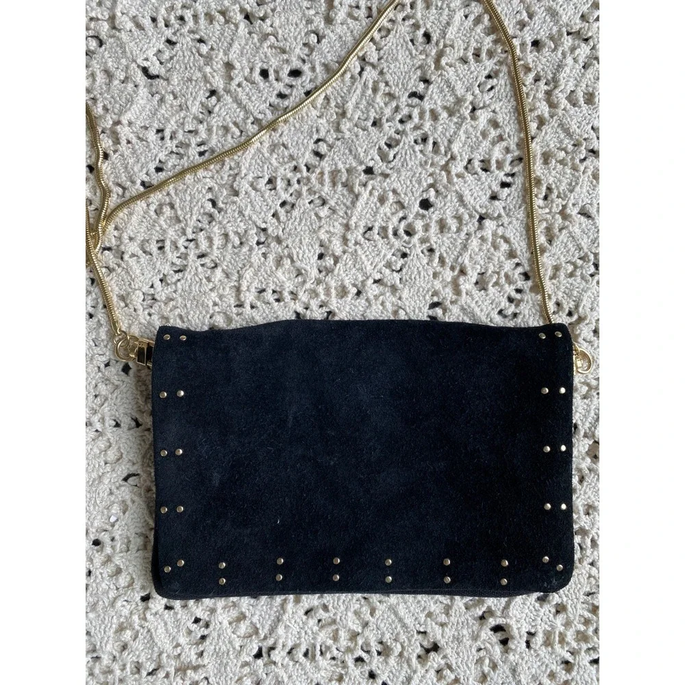 Free People Kingston Crossbody‎ Bag Black Suede Gold Studded Clutch Boho Glam